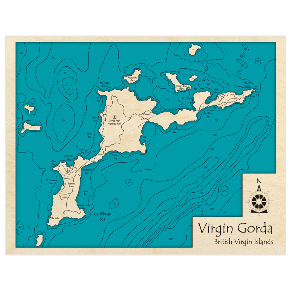 Bathymetric topo map of Virgin Gorda with roads, towns and depths noted in blue water