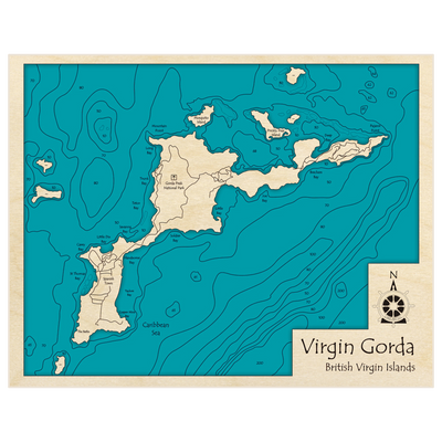 Bathymetric topo map of Virgin Gorda with roads, towns and depths noted in blue water