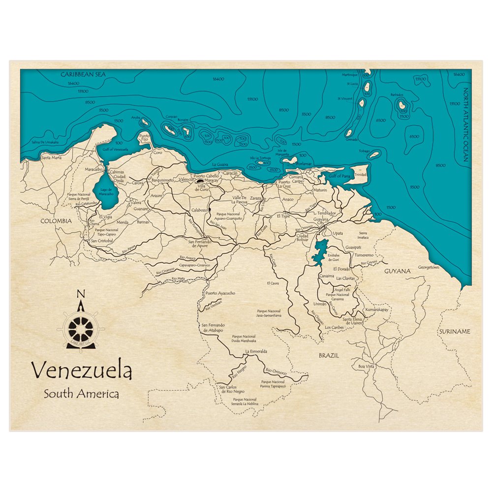 Bathymetric topo map of Venezuela with roads, towns and depths noted in blue water