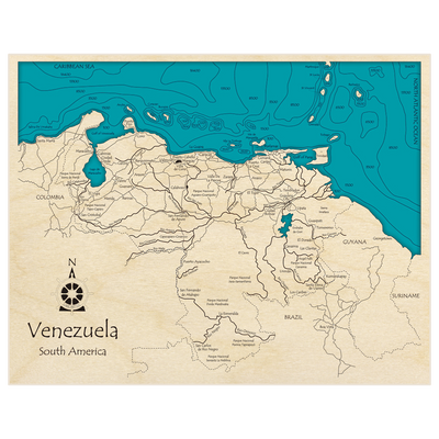 Bathymetric topo map of Venezuela with roads, towns and depths noted in blue water