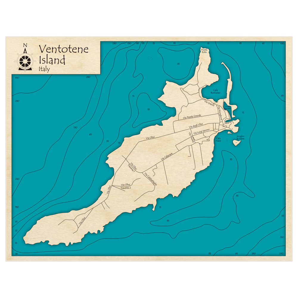 Bathymetric topo map of Ventotene Island with roads, towns and depths noted in blue water