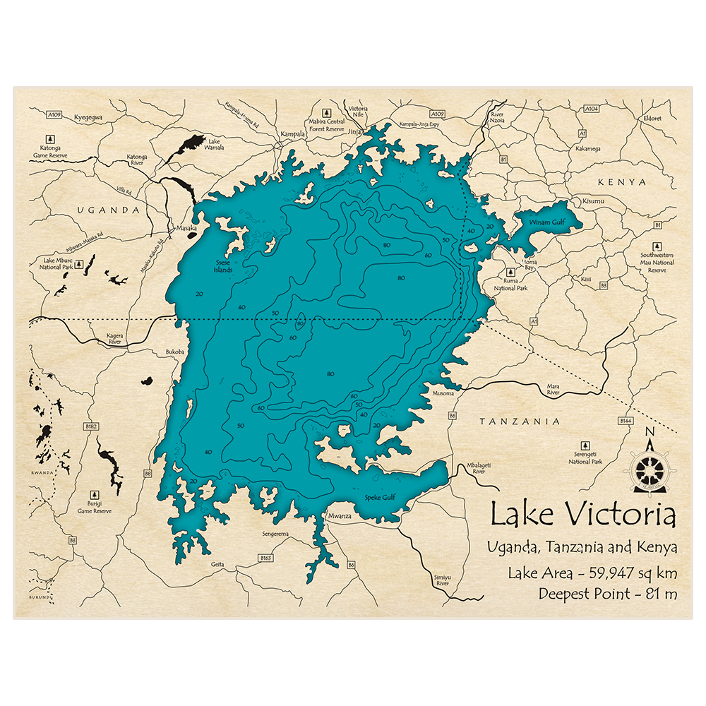 Bathymetric topo map of Lake Victoria with roads, towns and depths noted in blue water