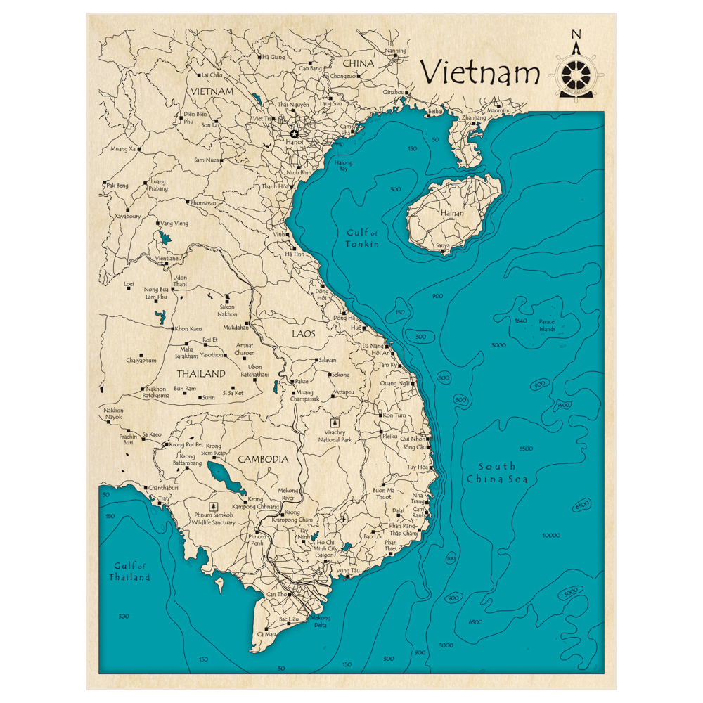 Bathymetric topo map of Vietnam with roads, towns and depths noted in blue water