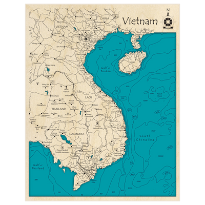 Bathymetric topo map of Vietnam with roads, towns and depths noted in blue water