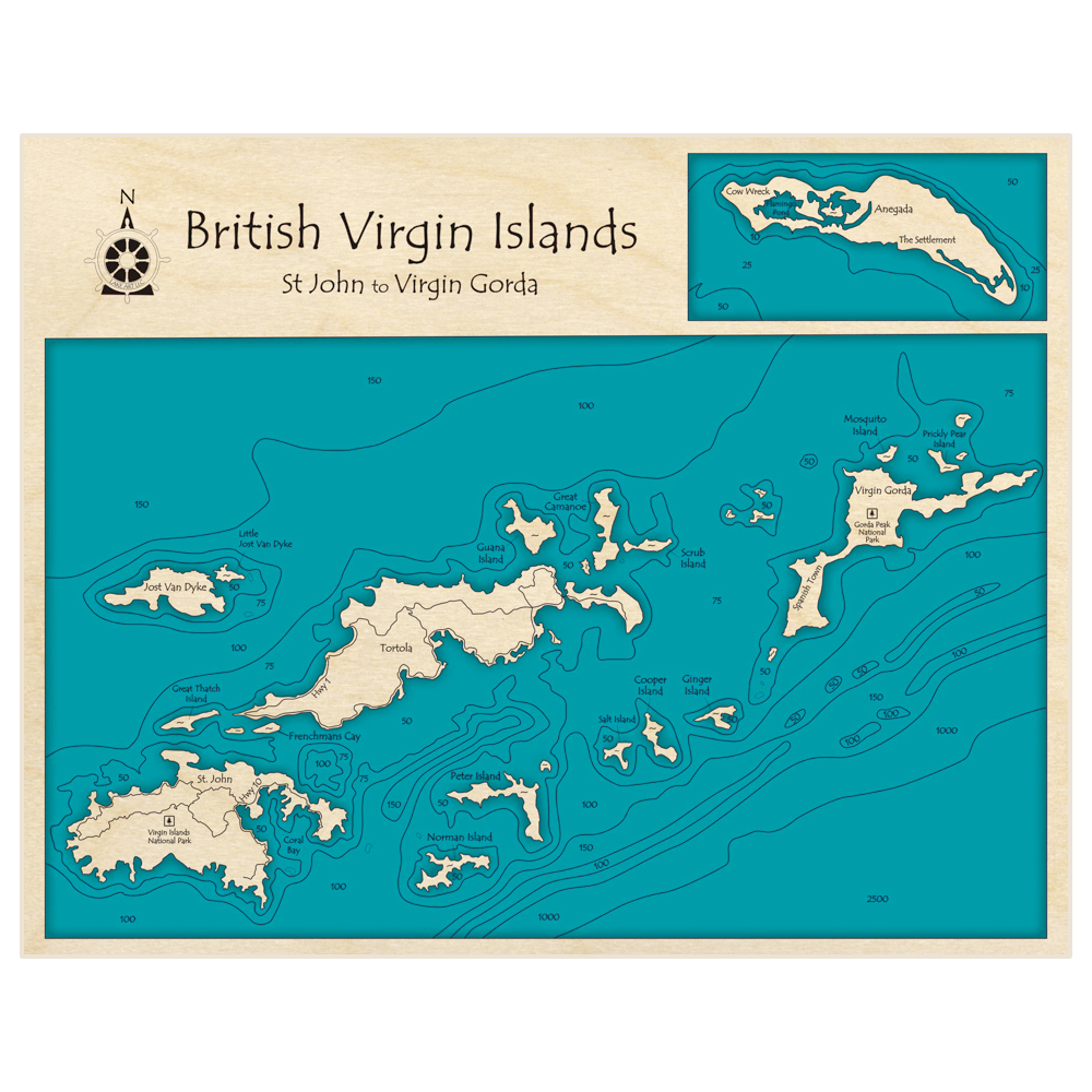 Bathymetric topo map of British Virgin Islands (St John to Virgin Gorda) (With Anegada) with roads, towns and depths noted in blue water