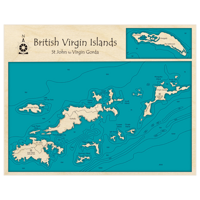 Bathymetric topo map of British Virgin Islands (St John to Virgin Gorda) (With Anegada) with roads, towns and depths noted in blue water
