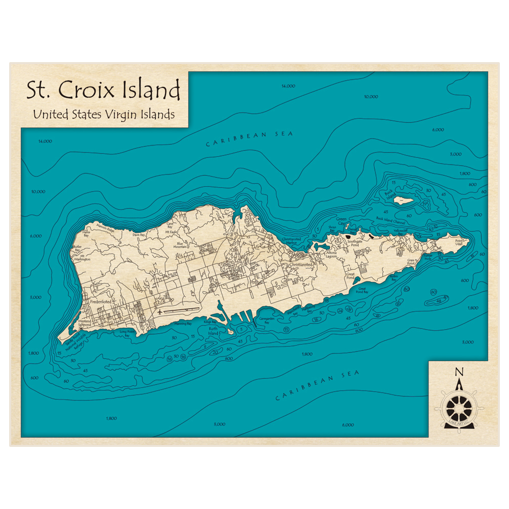 Bathymetric topo map of St Croix Island with roads, towns and depths noted in blue water