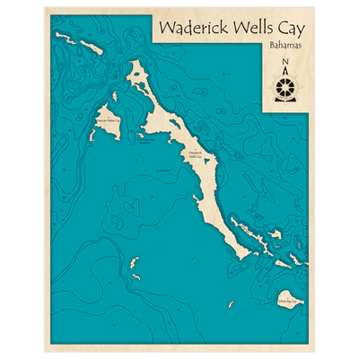 Bathymetric topo map of Waderick Wells Cay with roads, towns and depths noted in blue water