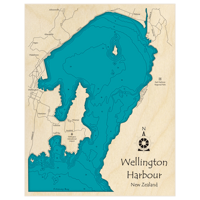 Bathymetric topo map of Wellington Harbour with roads, towns and depths noted in blue water