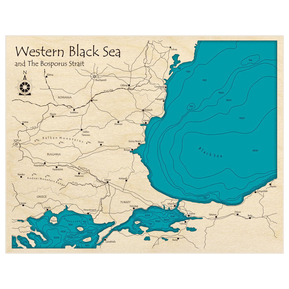 Bathymetric topo map of Western Black Sea (and the Bosporus Strait) with roads, towns and depths noted in blue water