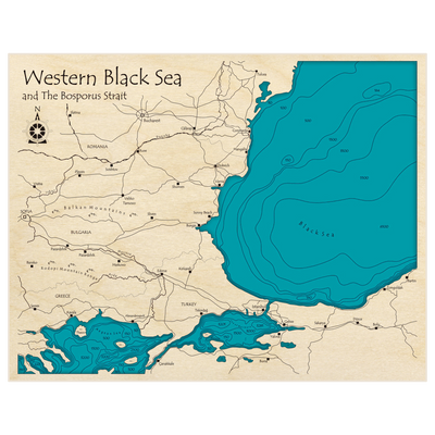 Bathymetric topo map of Western Black Sea (and the Bosporus Strait) with roads, towns and depths noted in blue water