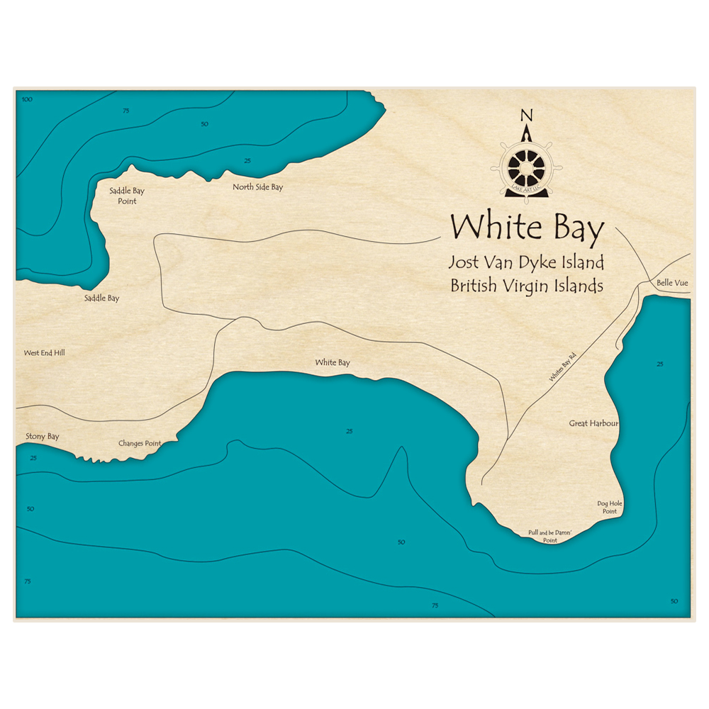 Bathymetric topo map of White Bay on Jost Van Dyke with roads, towns and depths noted in blue water