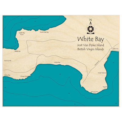 Bathymetric topo map of White Bay on Jost Van Dyke with roads, towns and depths noted in blue water