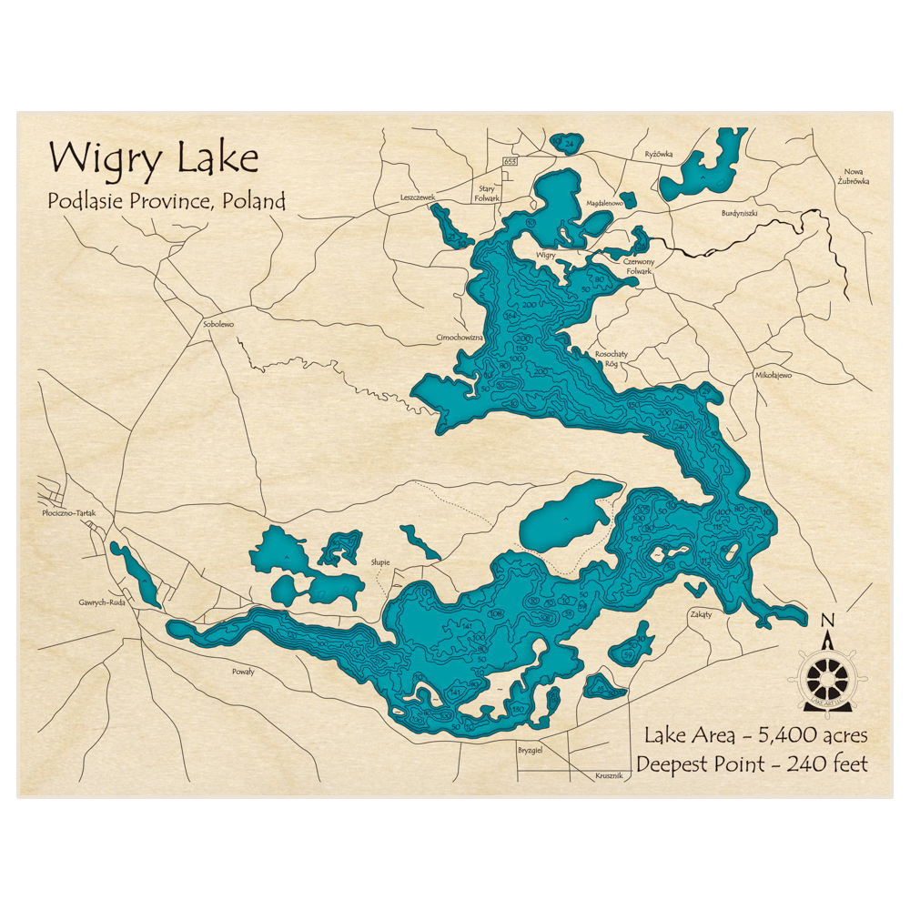Bathymetric topo map of Wigry Lake with roads, towns and depths noted in blue water