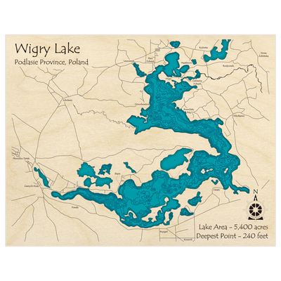 Bathymetric topo map of Wigry Lake with roads, towns and depths noted in blue water
