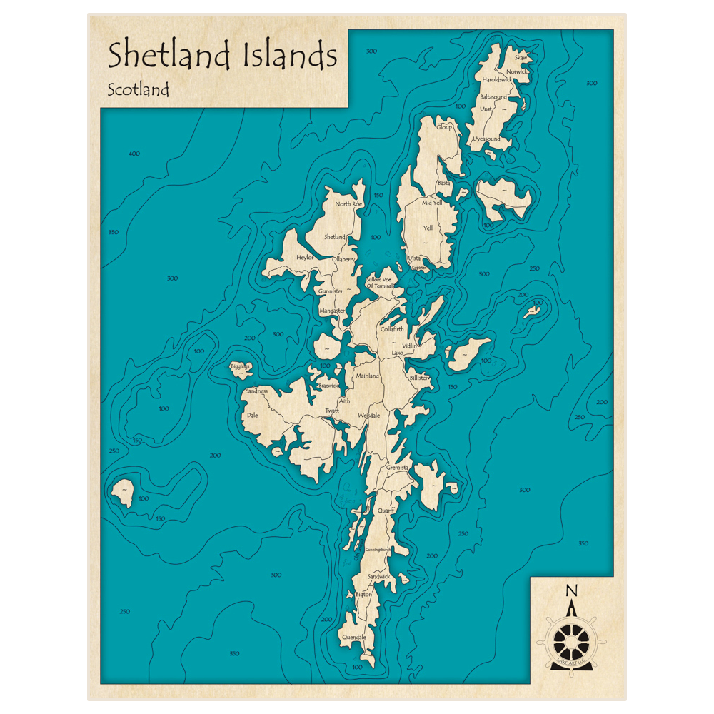 Bathymetric topo map of Shetland Islands with roads, towns and depths noted in blue water