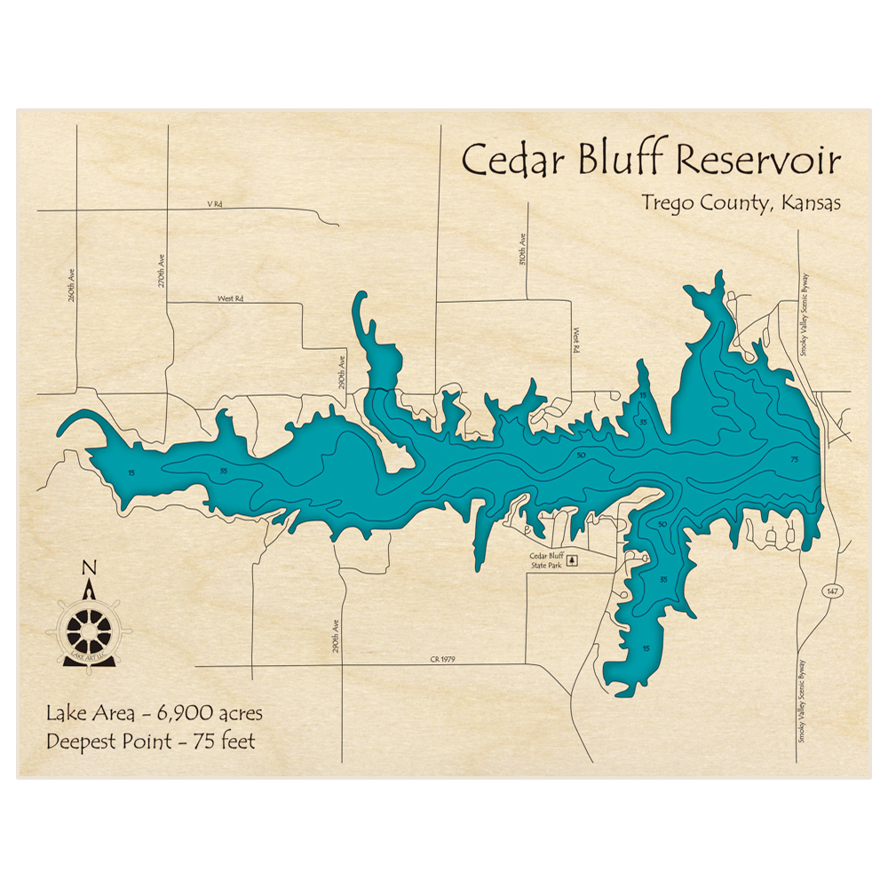 Bathymetric topo map of Cedar Bluff Lake with roads, towns and depths noted in blue water