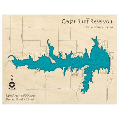 Bathymetric topo map of Cedar Bluff Lake with roads, towns and depths noted in blue water
