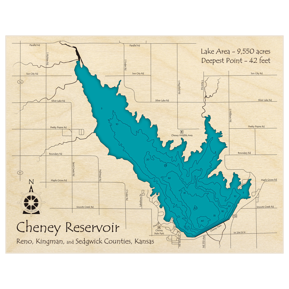 Bathymetric topo map of Cheney Reservoir with roads, towns and depths noted in blue water