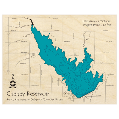 Bathymetric topo map of Cheney Reservoir with roads, towns and depths noted in blue water