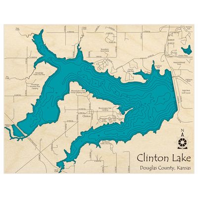 Bathymetric topo map of Clinton Lake with roads, towns and depths noted in blue water