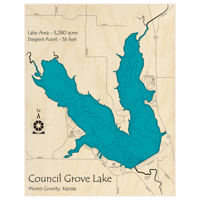 Bathymetric topo map of Council Grove Lake with roads, towns and depths noted in blue water