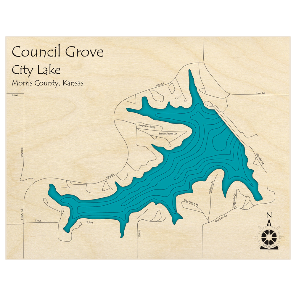 Bathymetric topo map of Council Grove City Lake (The Smaller One) with roads, towns and depths noted in blue water