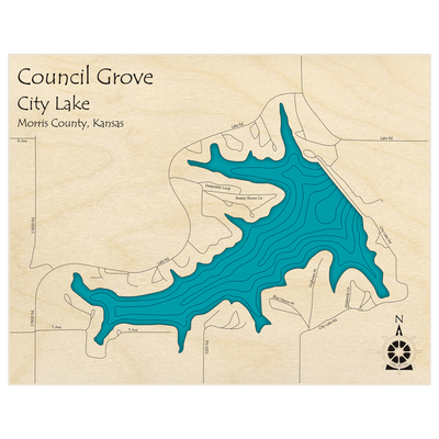 Bathymetric topo map of Council Grove City Lake (The Smaller One) with roads, towns and depths noted in blue water