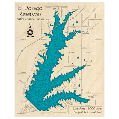 Bathymetric topo map of El Dorado Reservoir with roads, towns and depths noted in blue water