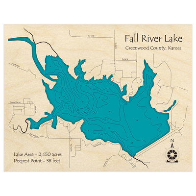Bathymetric topo map of Fall River Lake with roads, towns and depths noted in blue water