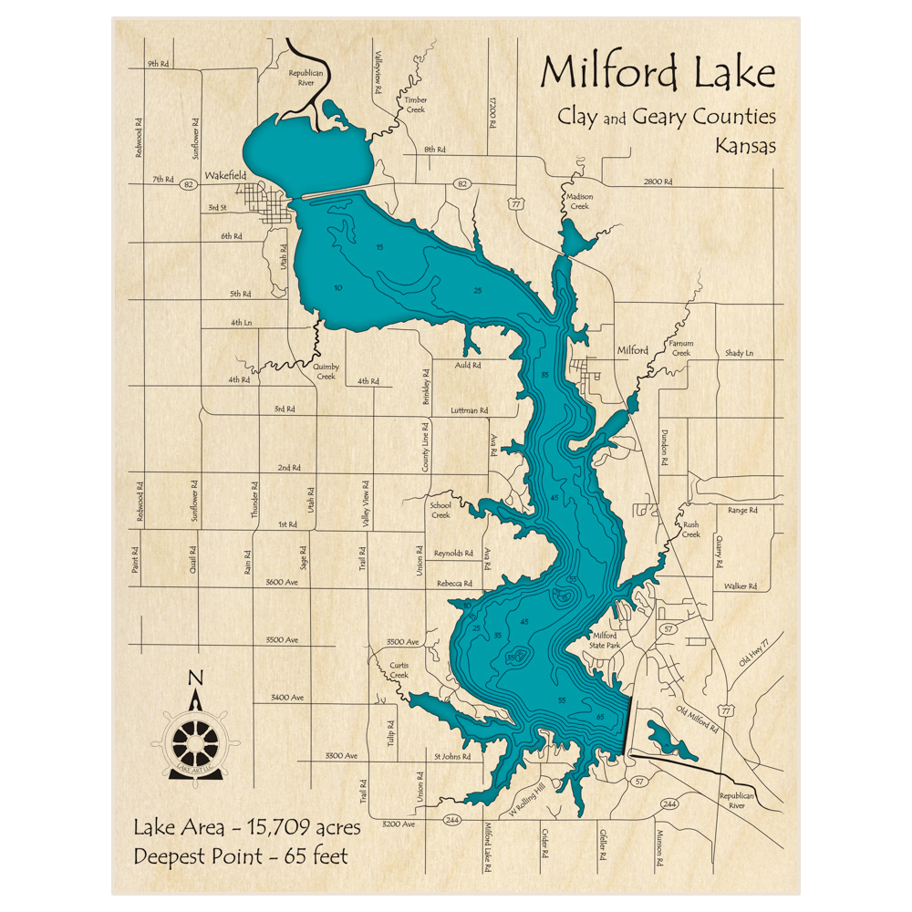 Bathymetric topo map of Milford Lake with roads, towns and depths noted in blue water