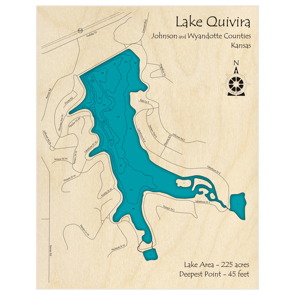 Bathymetric topo map of Lake Quivira with roads, towns and depths noted in blue water