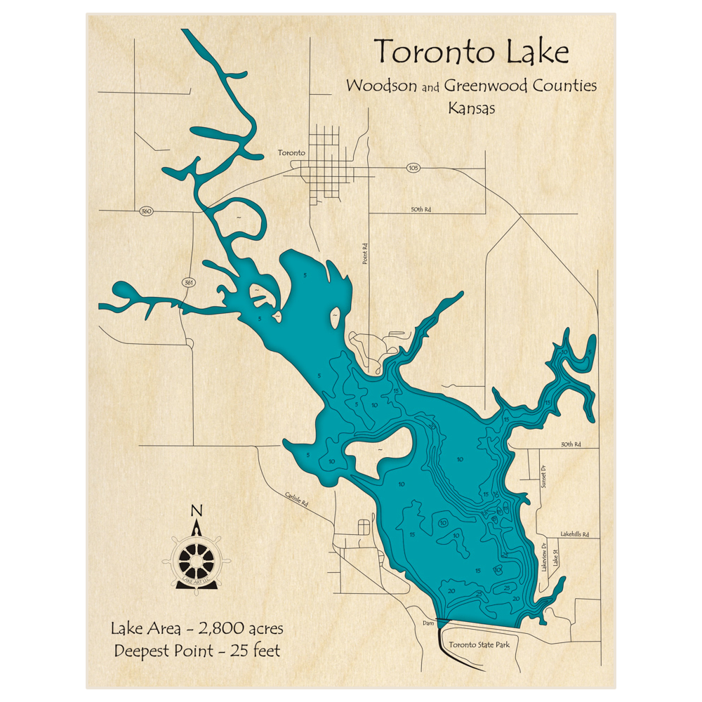 Bathymetric topo map of Toronto Lake with roads, towns and depths noted in blue water