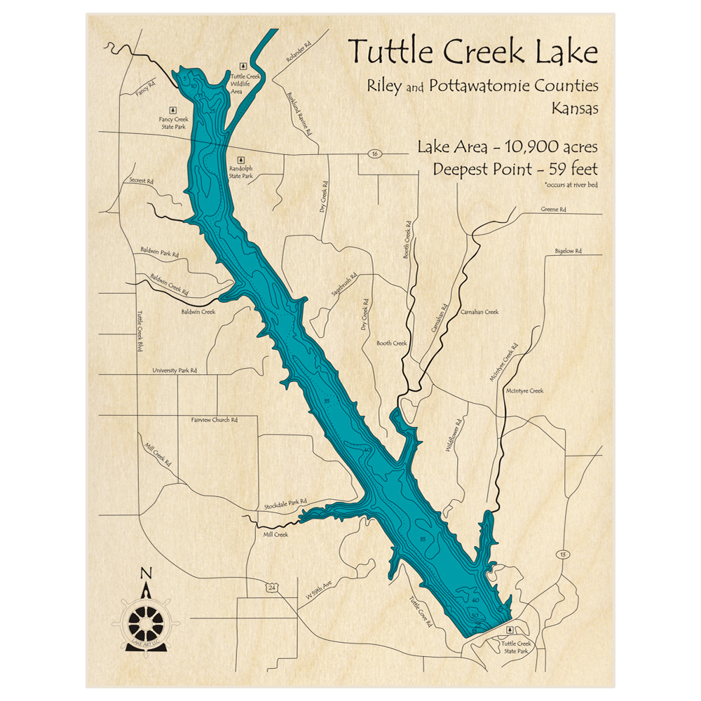 Bathymetric topo map of Tuttle Creek Lake with roads, towns and depths noted in blue water