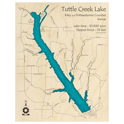 Bathymetric topo map of Tuttle Creek Lake with roads, towns and depths noted in blue water