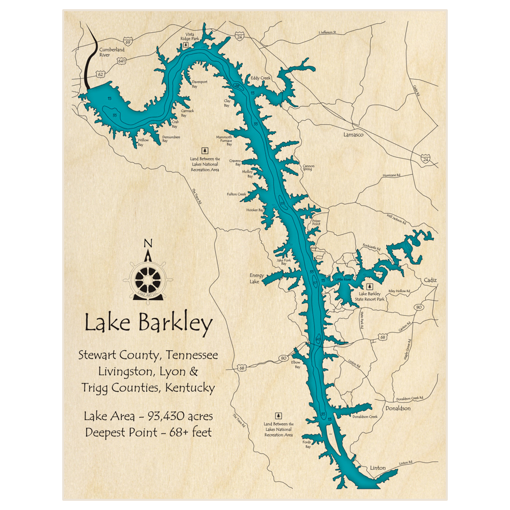 Bathymetric topo map of Lake Barkley with roads, towns and depths noted in blue water