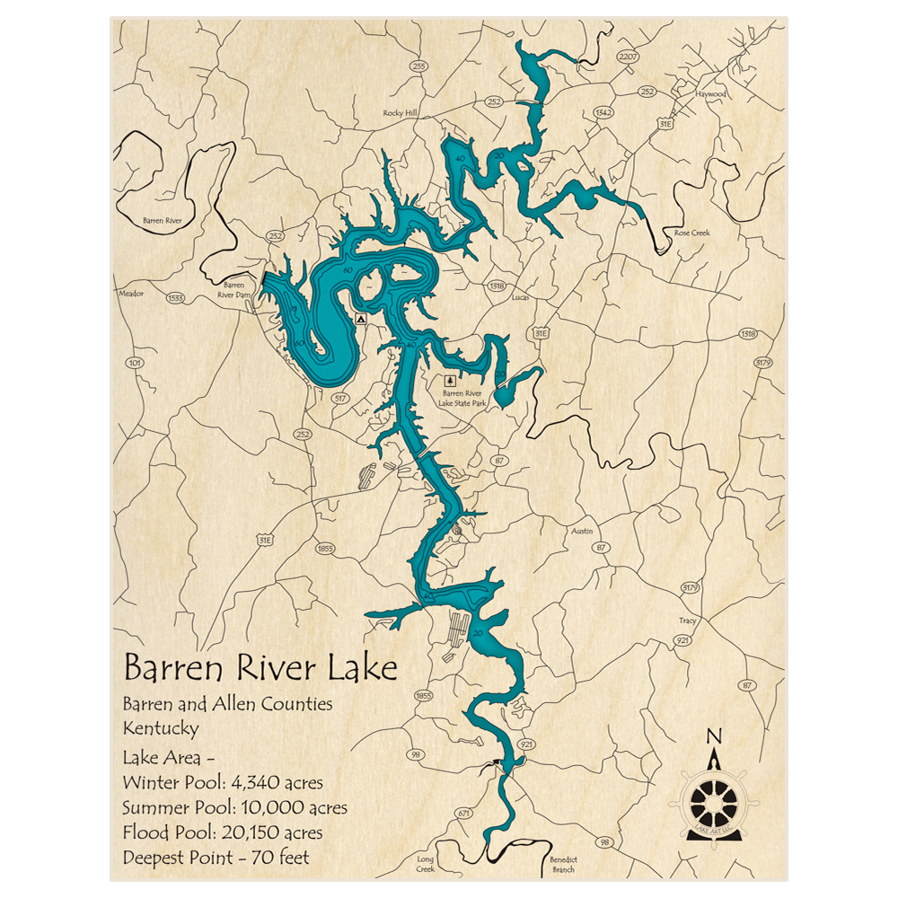 Bathymetric topo map of Barren River Lake with roads, towns and depths noted in blue water