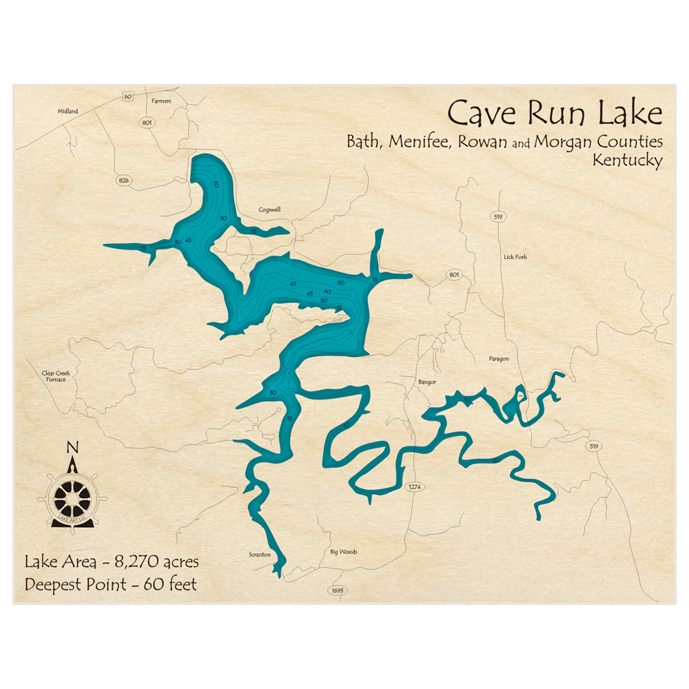 Bathymetric topo map of Cave Run Lake with roads, towns and depths noted in blue water