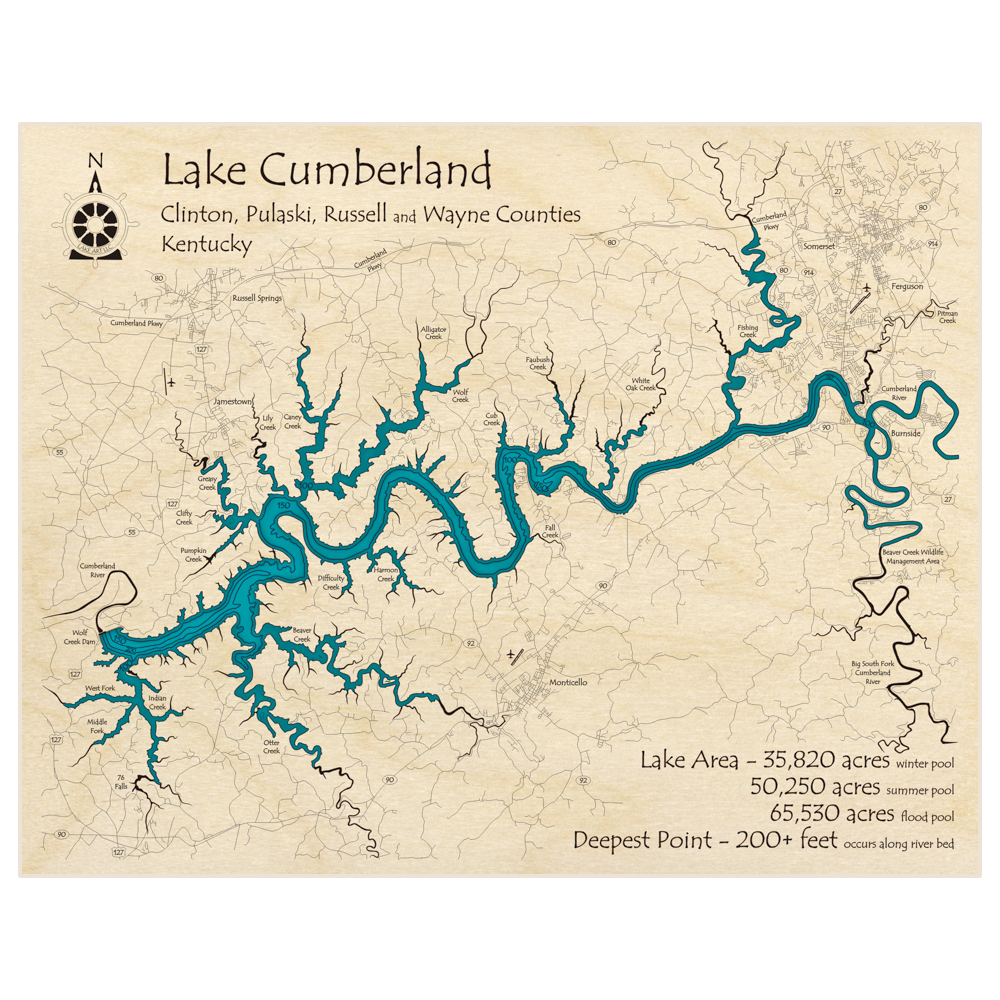Bathymetric topo map of Lake Cumberland with roads, towns and depths noted in blue water