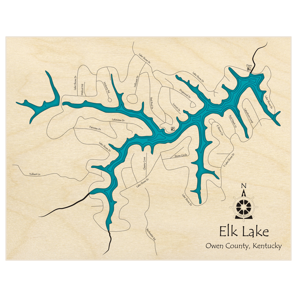 Bathymetric topo map of Elk Lake  with roads, towns and depths noted in blue water