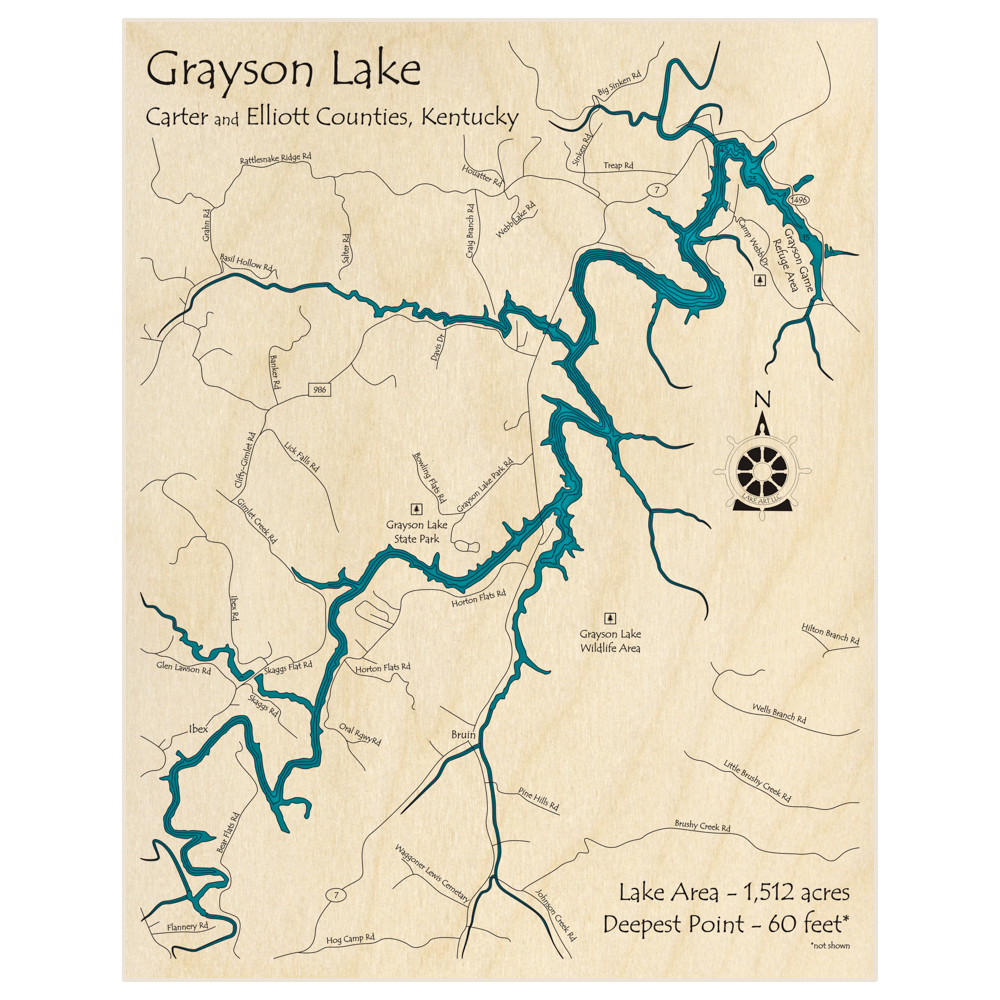 Bathymetric topo map of Grayson Lake with roads, towns and depths noted in blue water