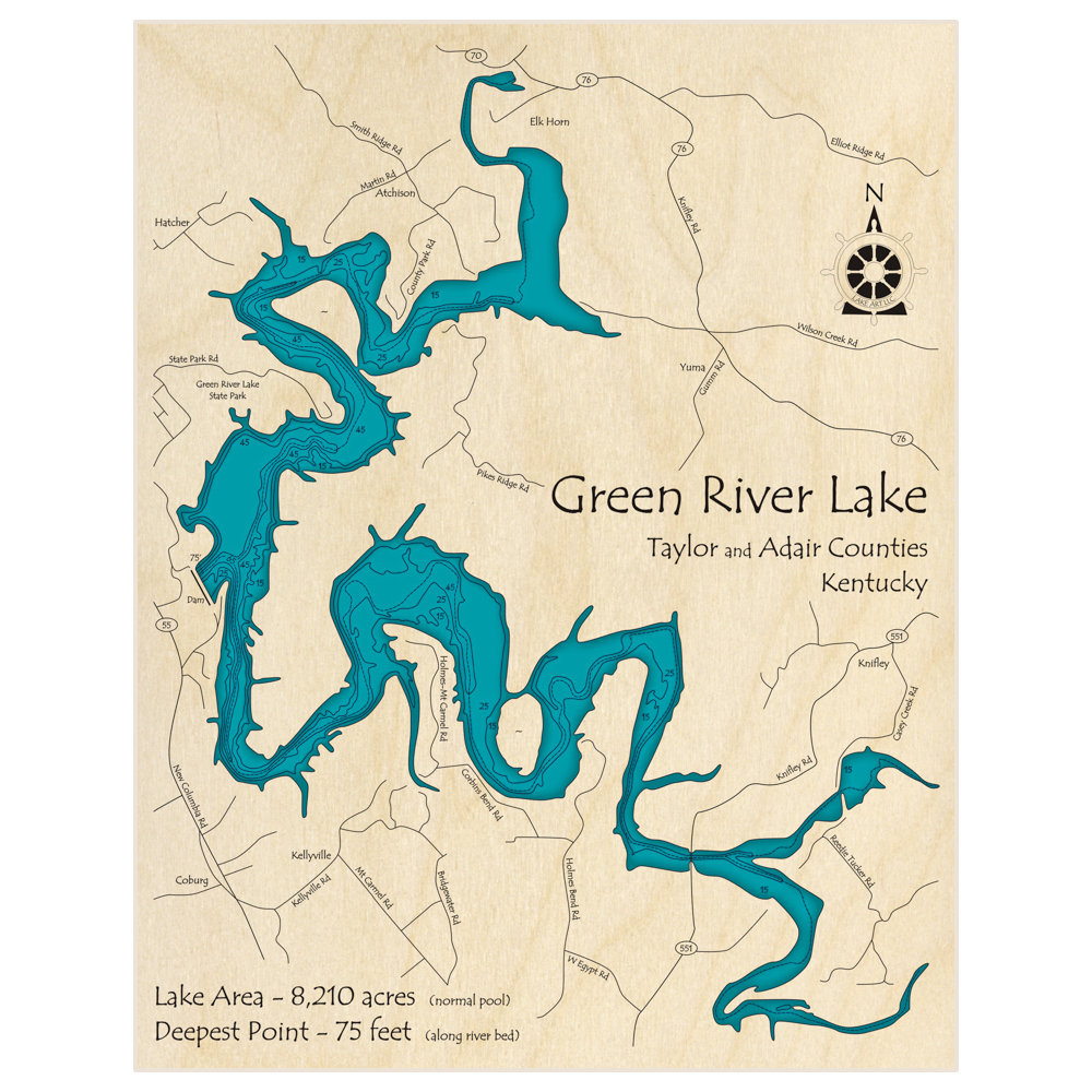 Bathymetric topo map of Green River Lake with roads, towns and depths noted in blue water