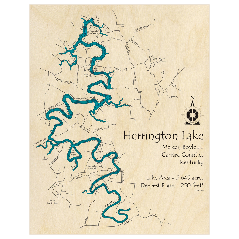 Bathymetric topo map of Herrington Lake with roads, towns and depths noted in blue water