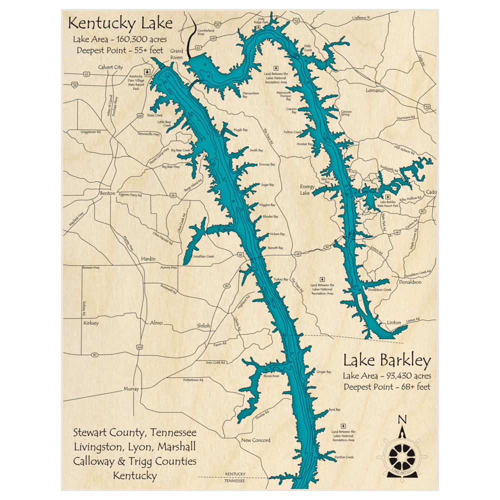 Bathymetric topo map of Kentucky Lake and Lake Barkley with roads, towns and depths noted in blue water