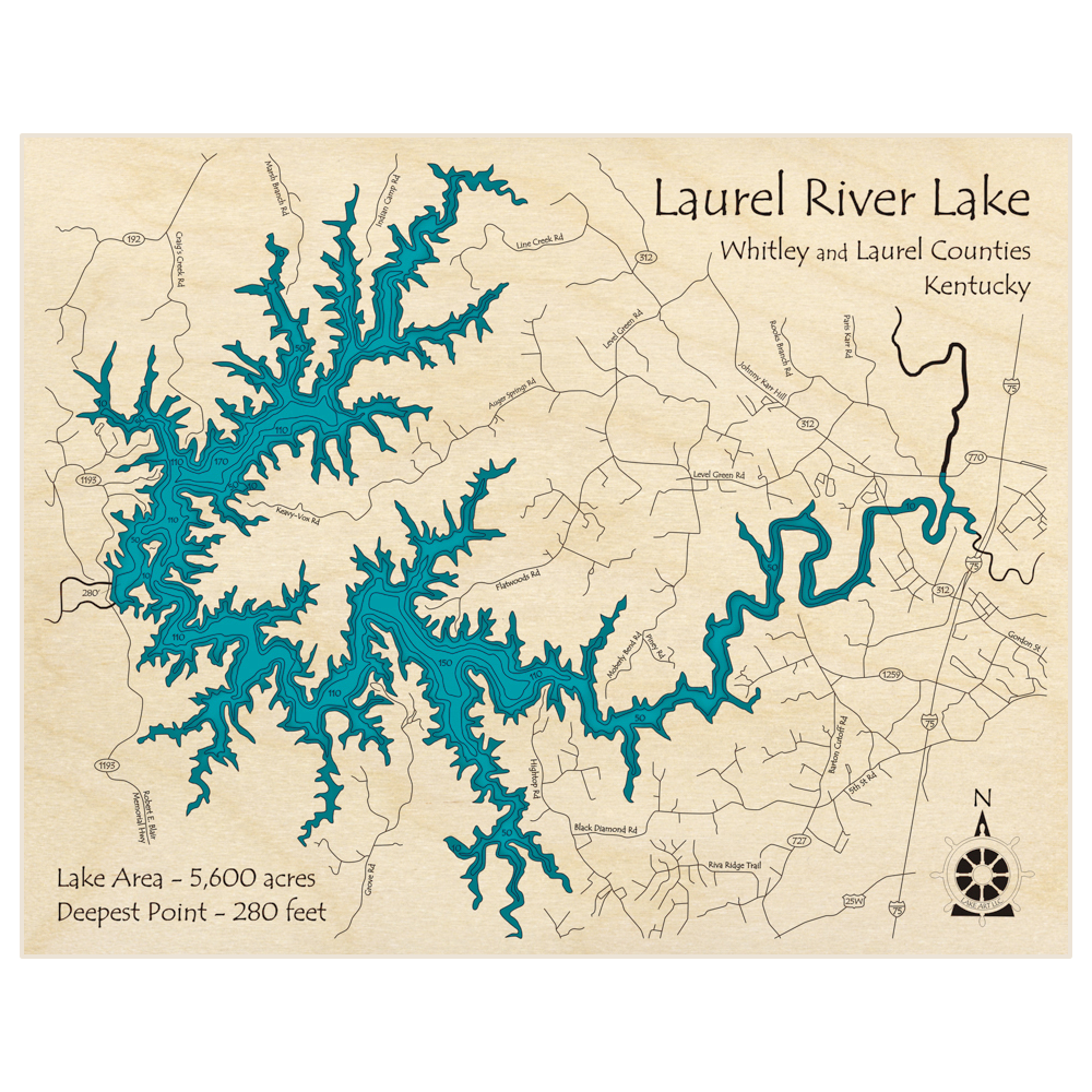 Bathymetric topo map of Laurel River Lake with roads, towns and depths noted in blue water