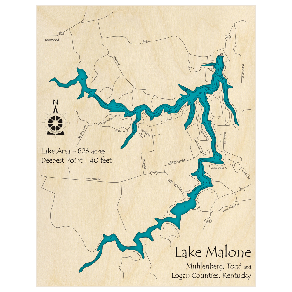 Bathymetric topo map of Lake Malone with roads, towns and depths noted in blue water