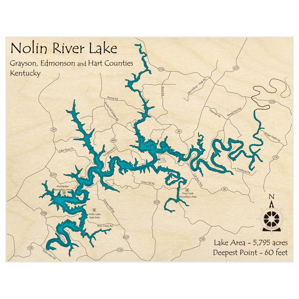 Bathymetric topo map of Nolin River Lake with roads, towns and depths noted in blue water