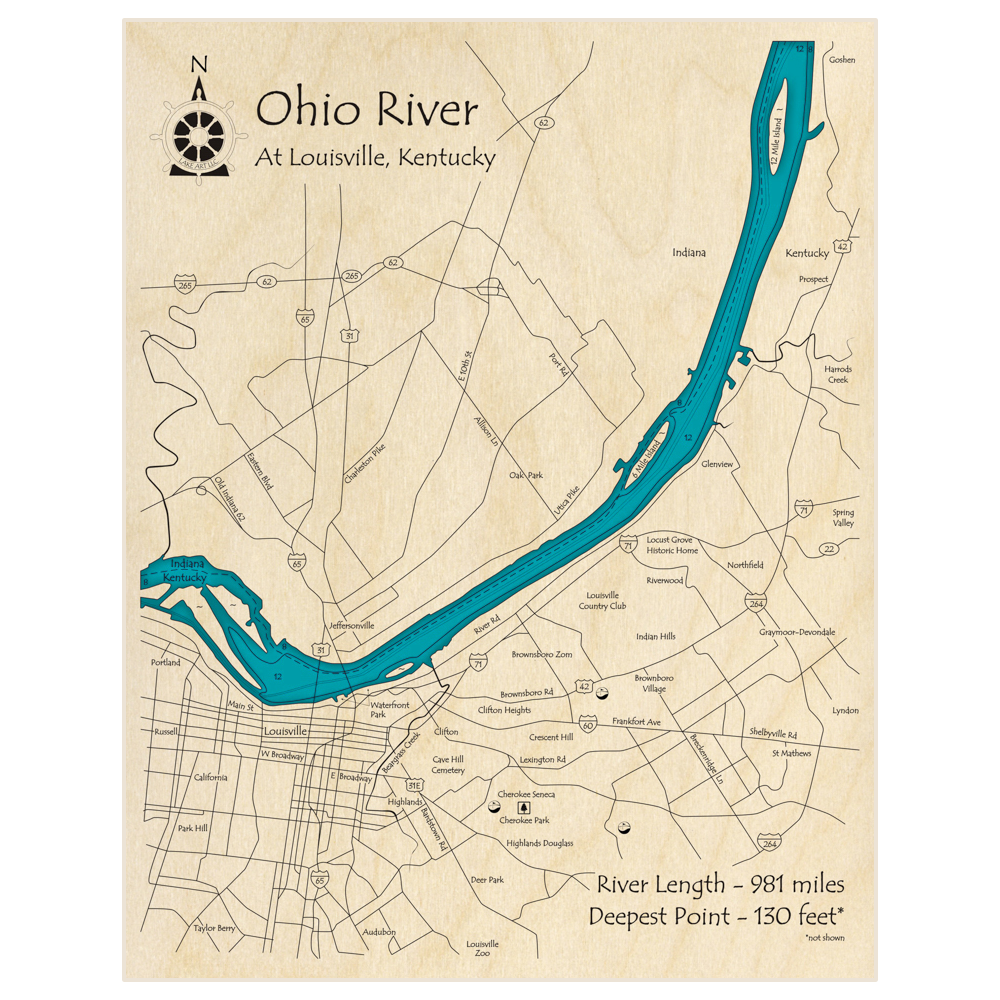 Bathymetric topo map of Ohio River (at Louisville KY) with roads, towns and depths noted in blue water