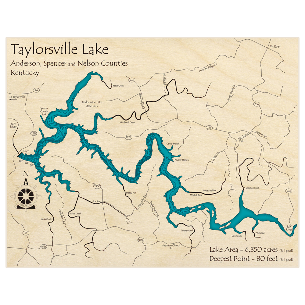 Bathymetric topo map of Taylorsville Lake with roads, towns and depths noted in blue water