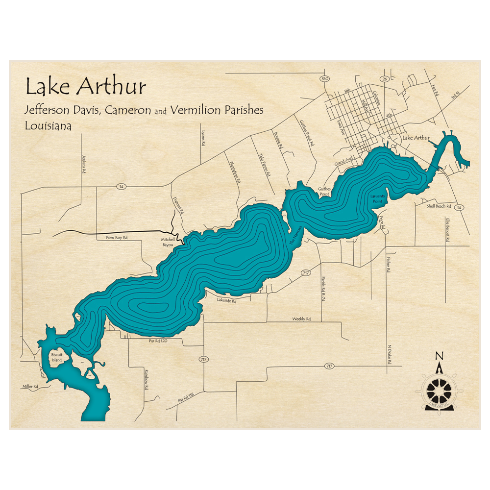 Bathymetric topo map of Lake Arthur  with roads, towns and depths noted in blue water